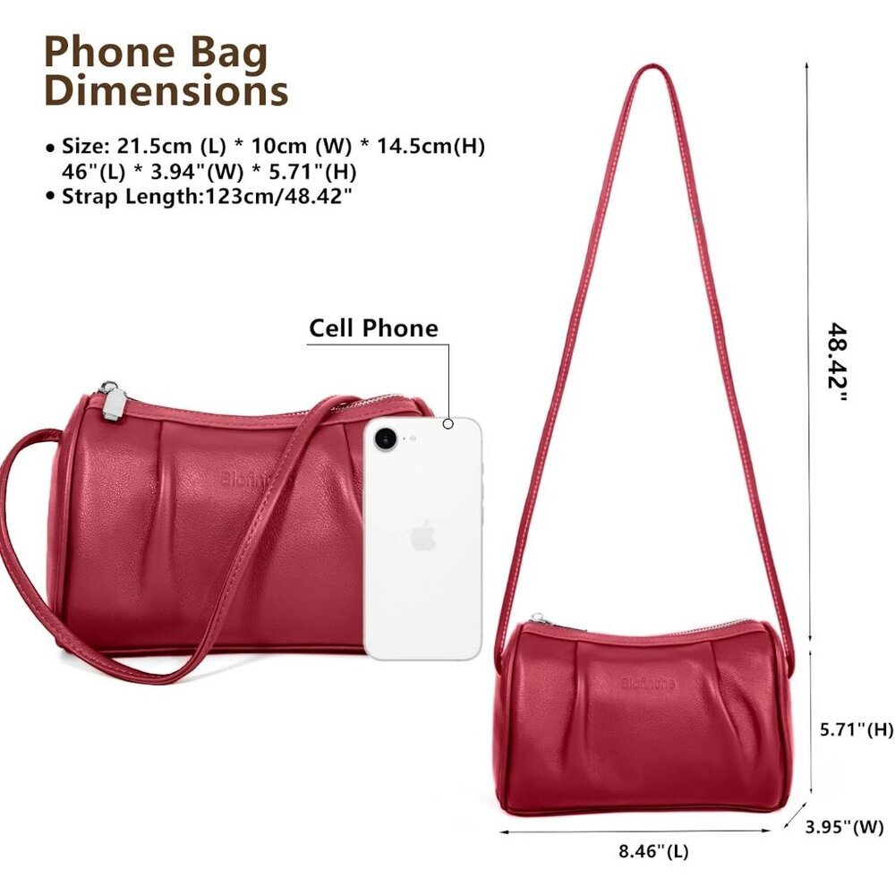 Women Red Leather Crossbody Bag Small Hobo Bag with Wrinkled Texture - Picture 4 of 8
